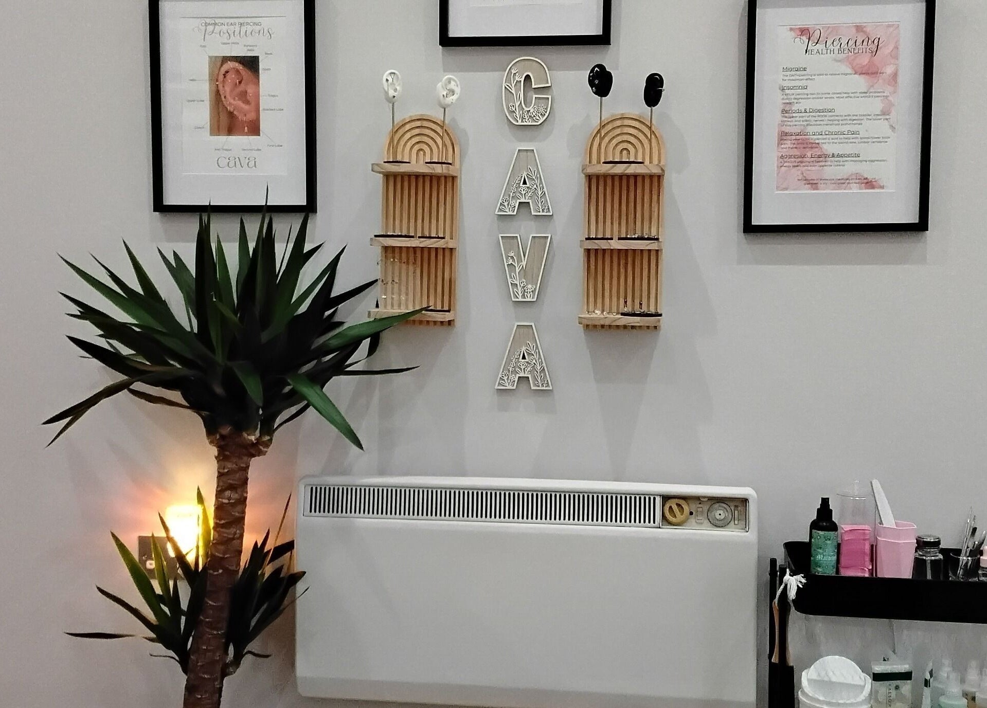 Stylish wall setup in Luxe Lounge, Dingwall, Scotland featuring frames, plant, and wall art.