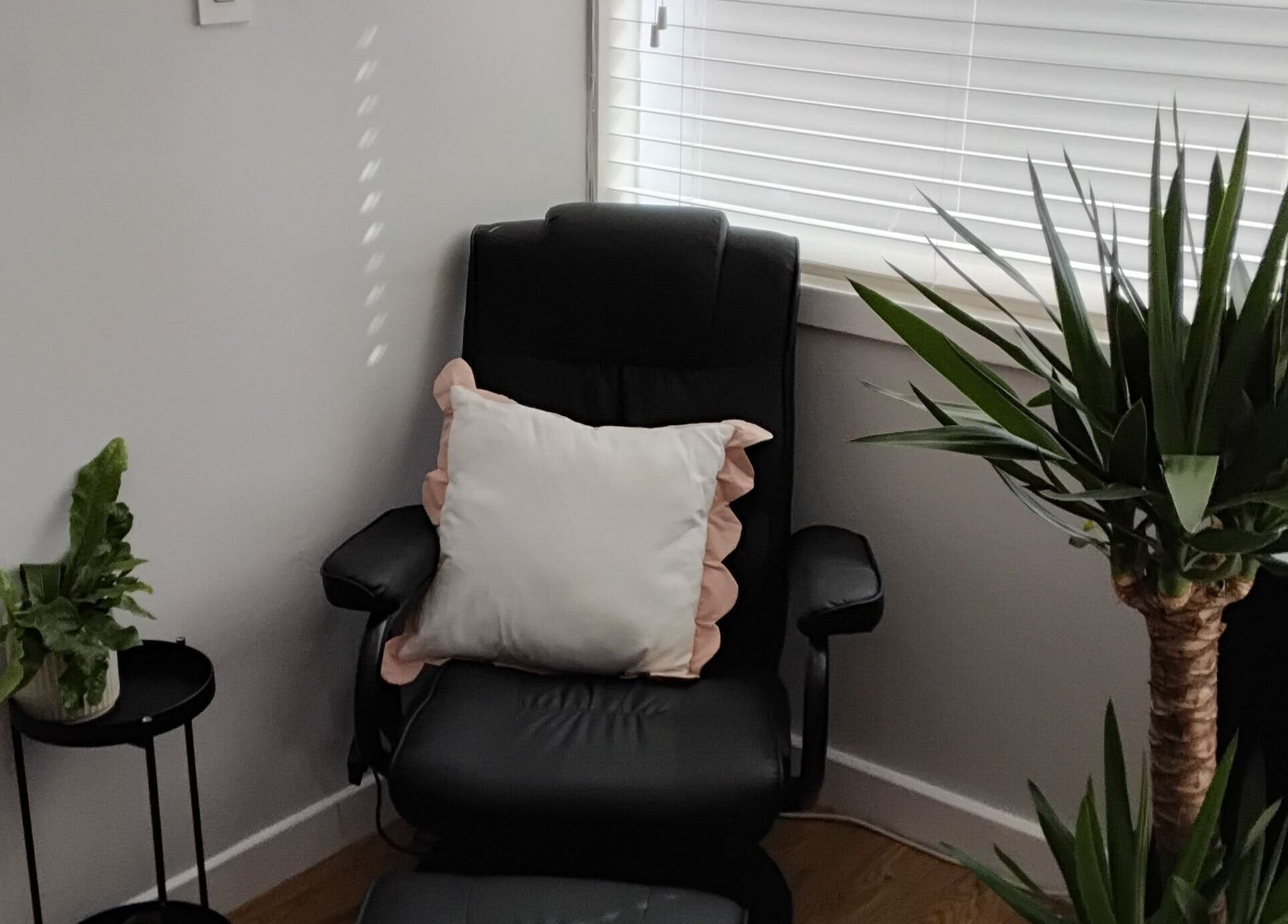 Comfortable chair with pillow and plants at Luxe Lounge, Dingwall, Scotland, GB.