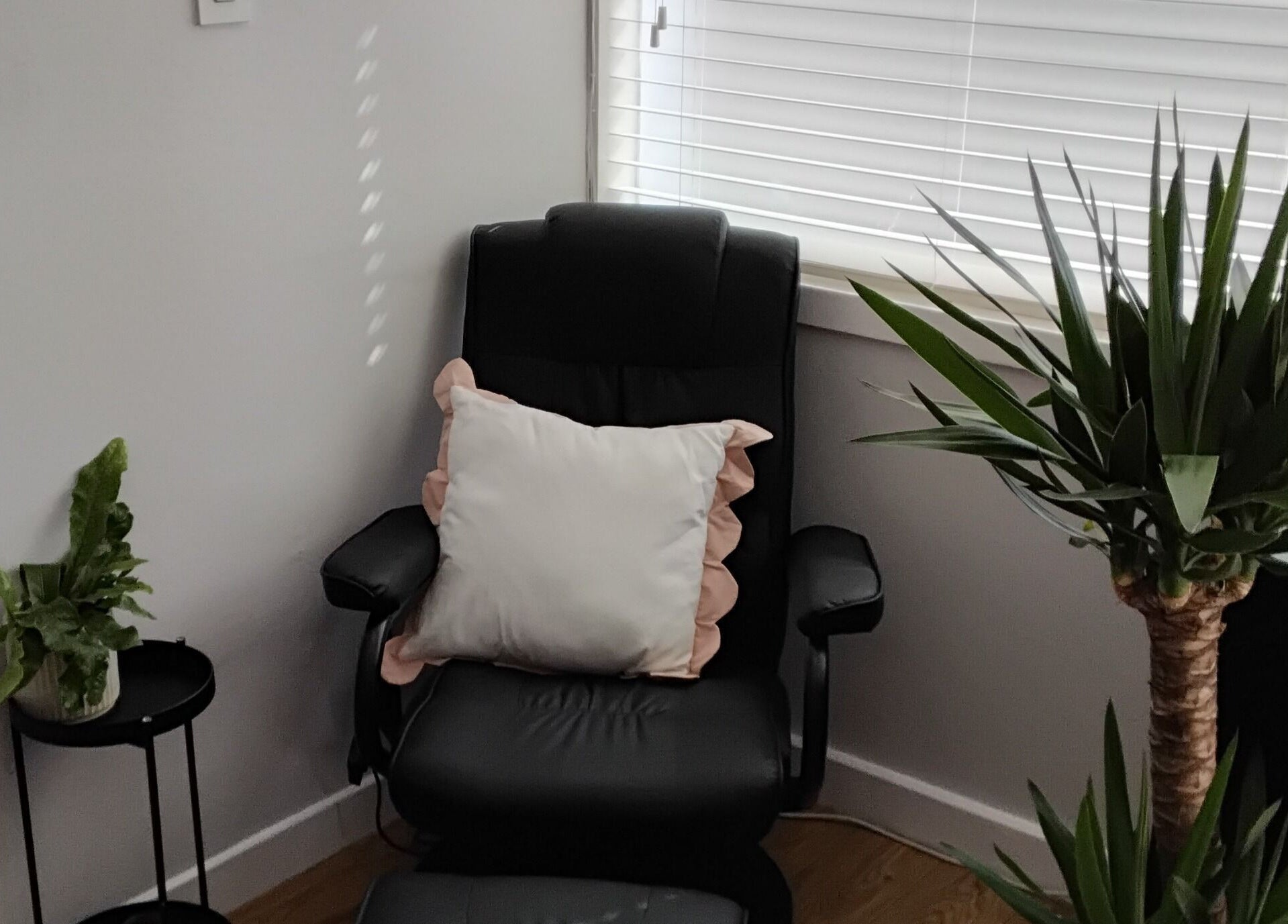 Comfortable chair with pillow and plants at Luxe Lounge, Dingwall, Scotland, GB.