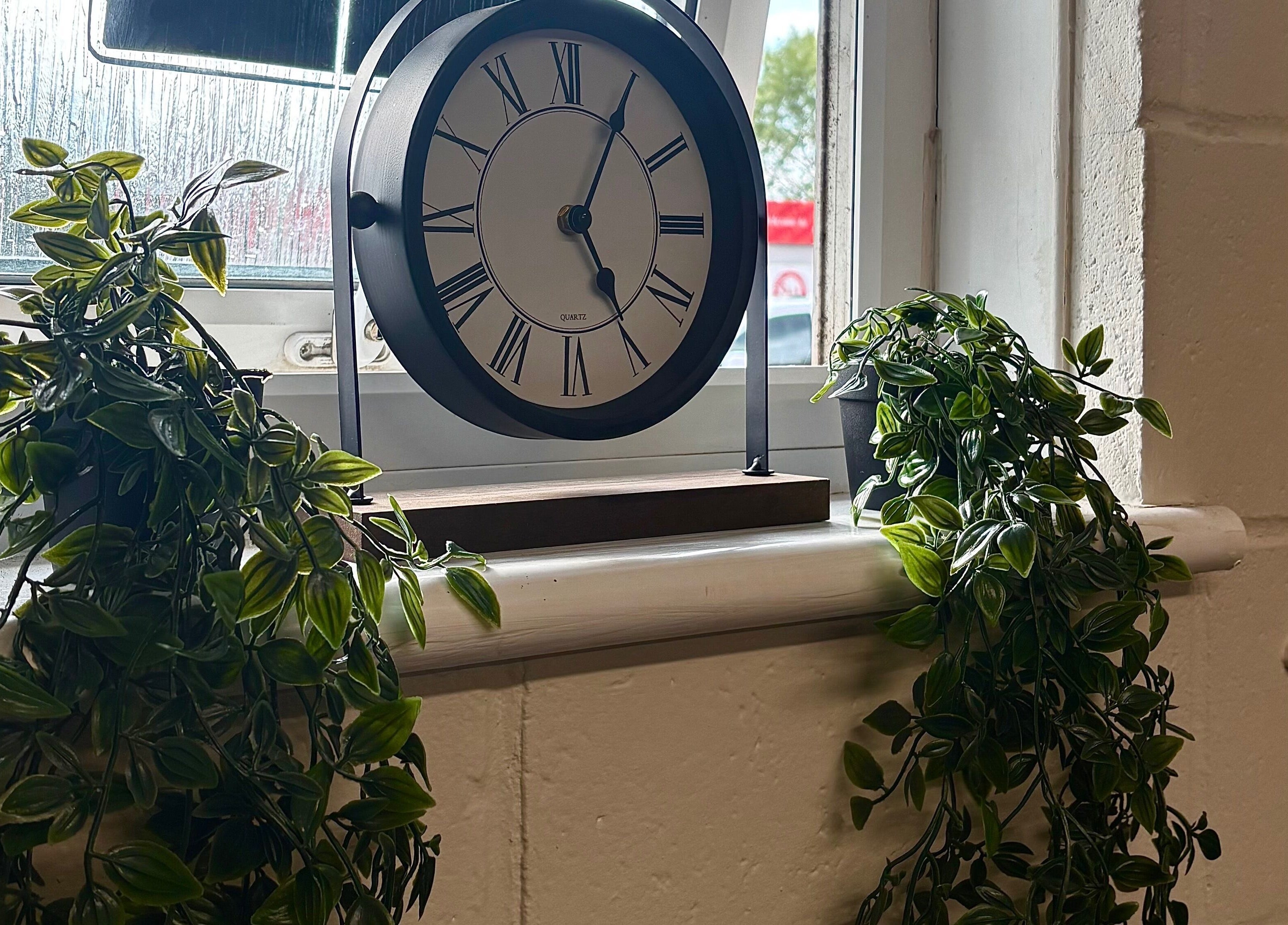 Elegant clock and lush plants on a window sill at A.J.Healing, South Ockendon, England, GB.