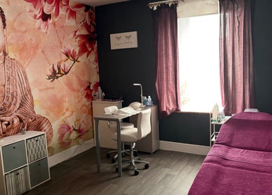 Peaceful beauty room at True Beauty, Forfar, Scotland, GB with serene decor and massage bed.