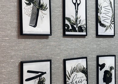 Artistic framed designs on the wall of Siin Hair Beauty, Nottingham, England, GB.