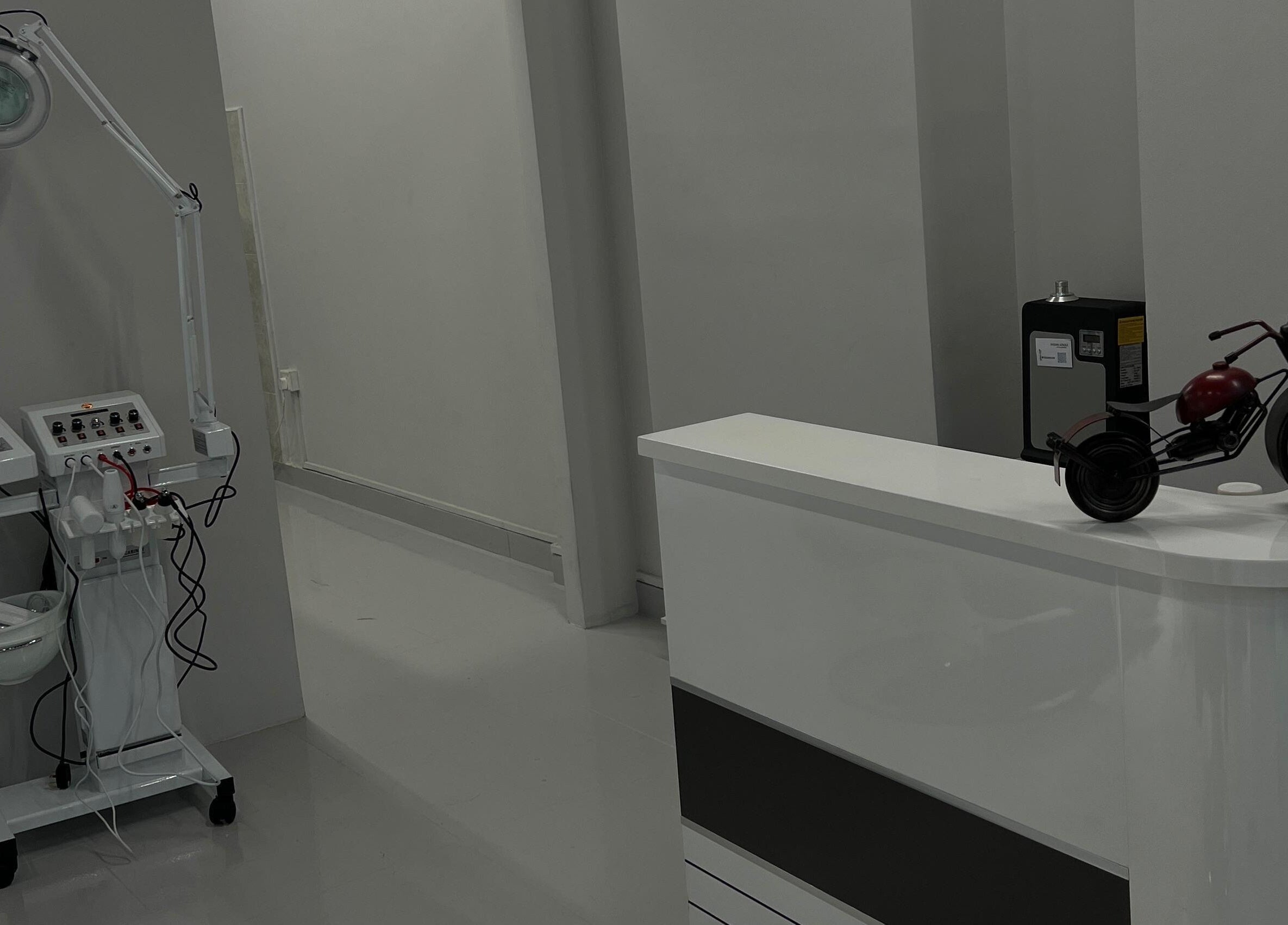 Reception area at The Barber Lab, Sharjah, featuring modern equipment and décor.