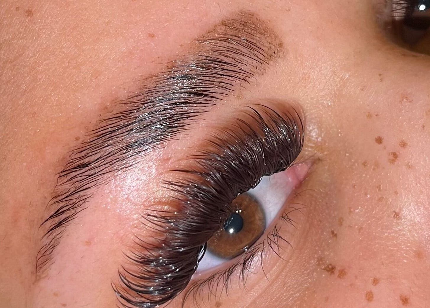 Close-up of beautifully styled eyelashes at Brow It Up in Stenhousemuir, Scotland, GB.