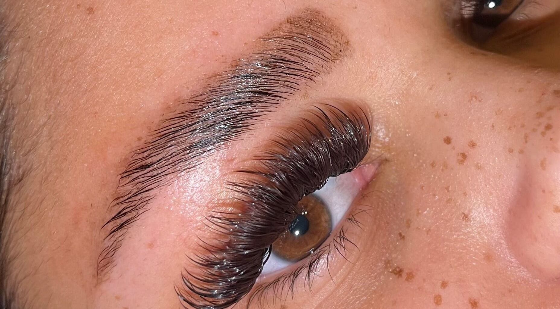 Close-up of beautifully styled eyelashes at Brow It Up in Stenhousemuir, Scotland, GB.