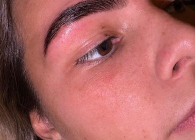Close-up of expertly shaped eyebrows at Brow It Up, Stenhousemuir, Scotland, GB.
