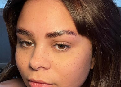 Close-up of perfectly sculpted brows at Brow It Up, Stenhousemuir, Scotland, GB.