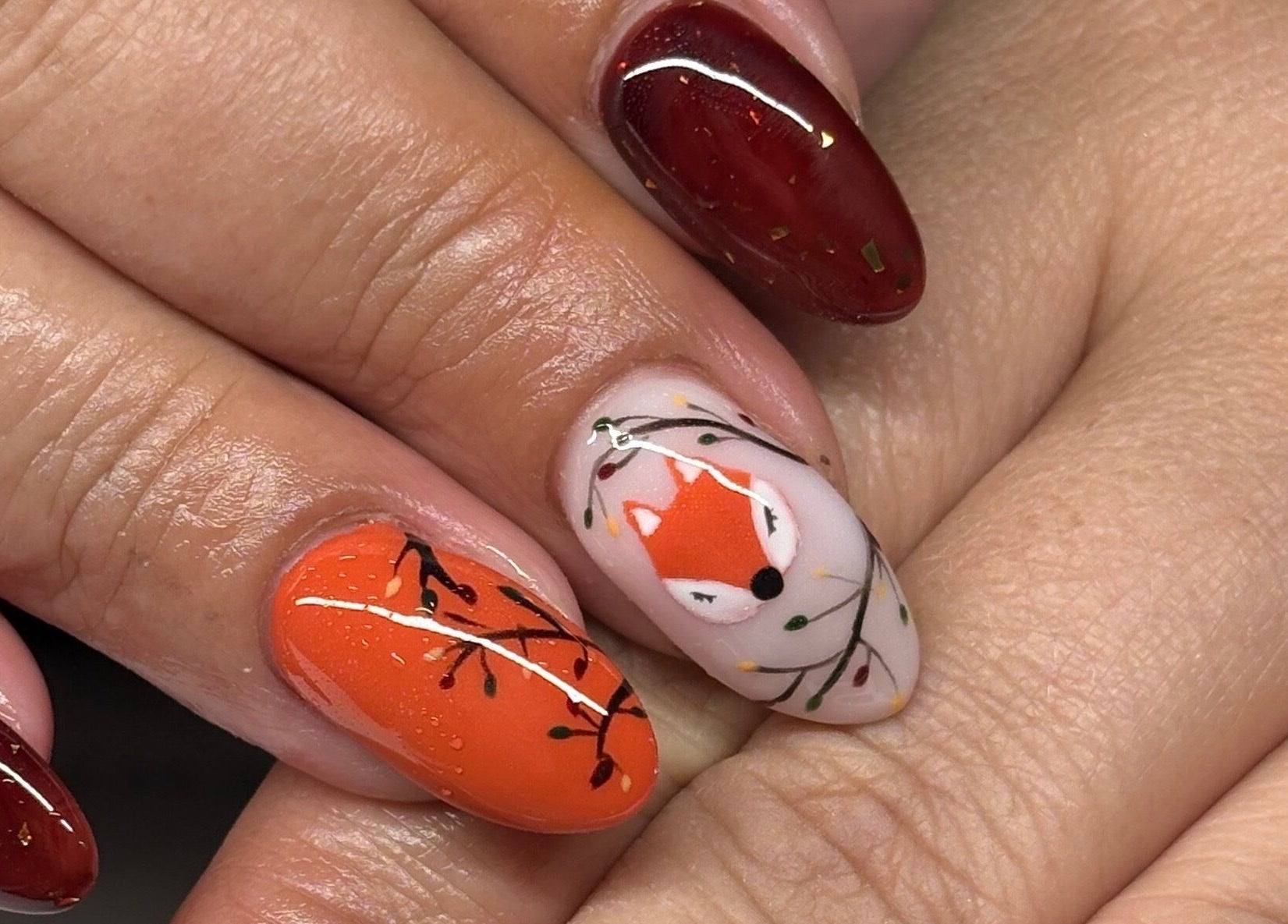 Creative fox nail art design at Polished by Kate, Constantine, England, GB.