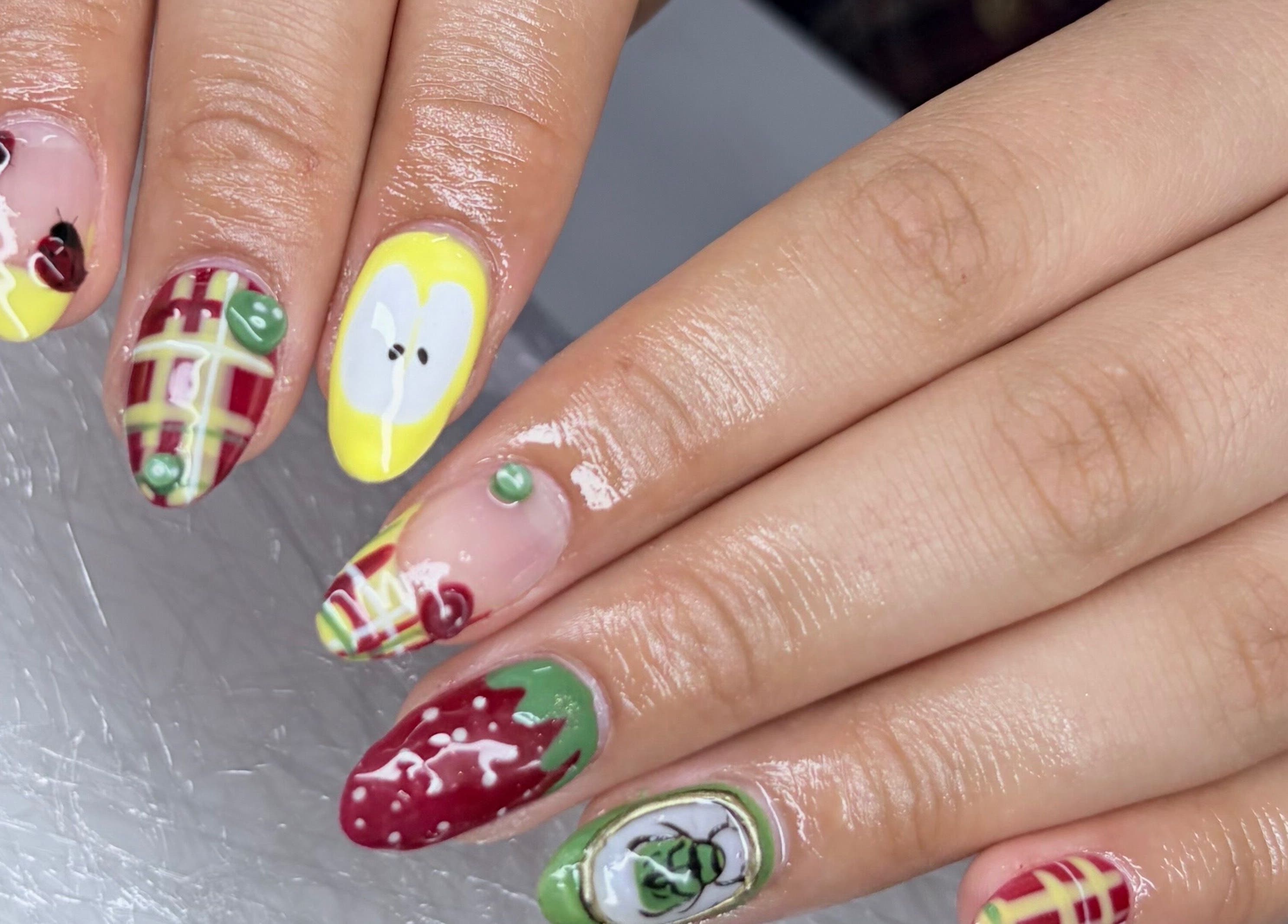 Vibrant fruit nail art at Chester Hill nails and eyelash extension studio in Sefton, New South Wales, AU.