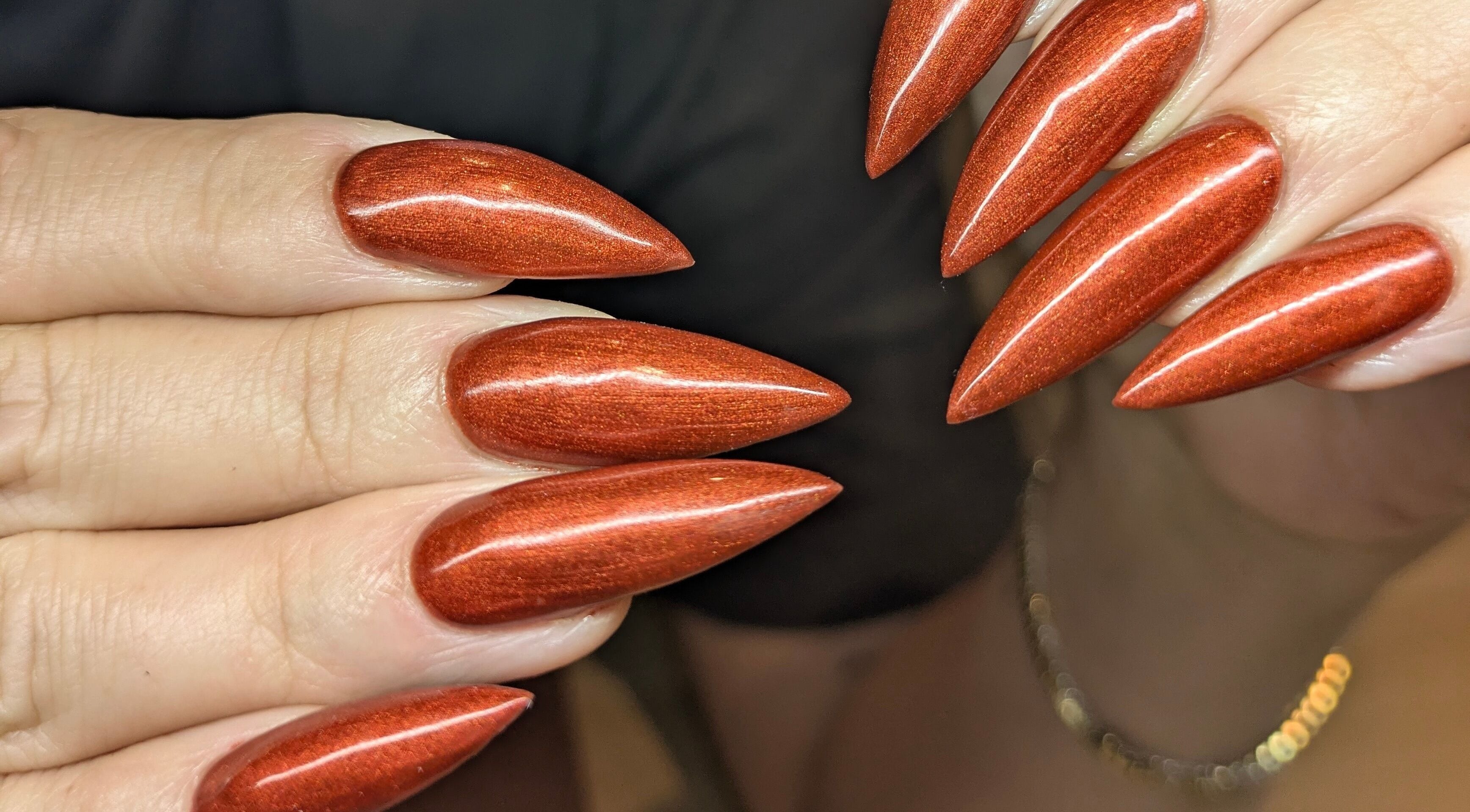 Stunning copper stiletto nails at The Nail Alchemist, Knaresborough, England, GB.