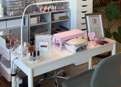 Lumi Haus Beauty Bar nail station with manicure tools and polish selection in Goldcoast, Queensland, AU.