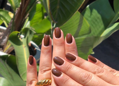 Styled nails with brown polish at Lumi Haus Beauty Bar, Goldcoast, Queensland, AU among lush greenery.