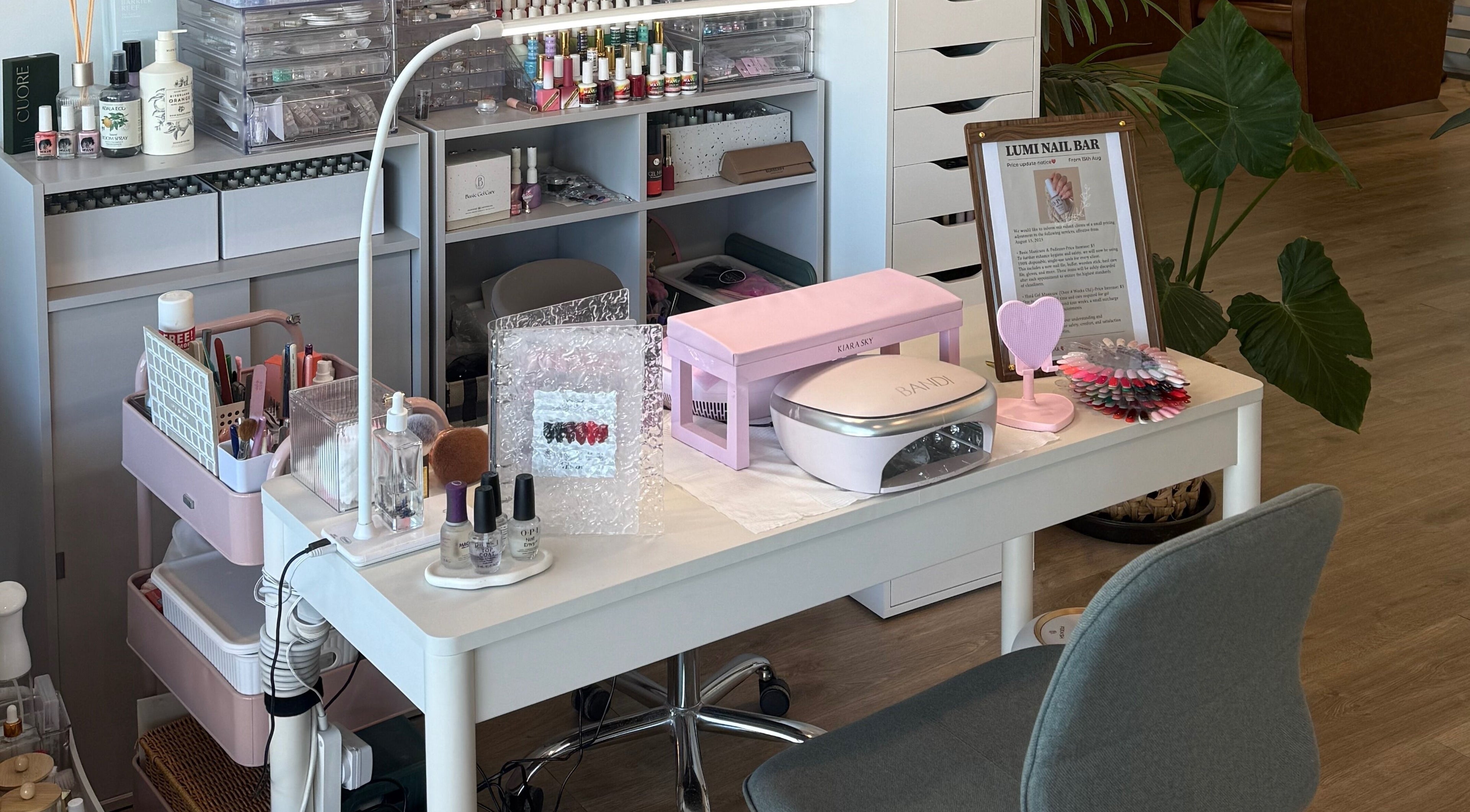 Chic nail care setup at Lumi Haus Beauty Bar, Goldcoast, Queensland, AU featuring tools and nail polish.