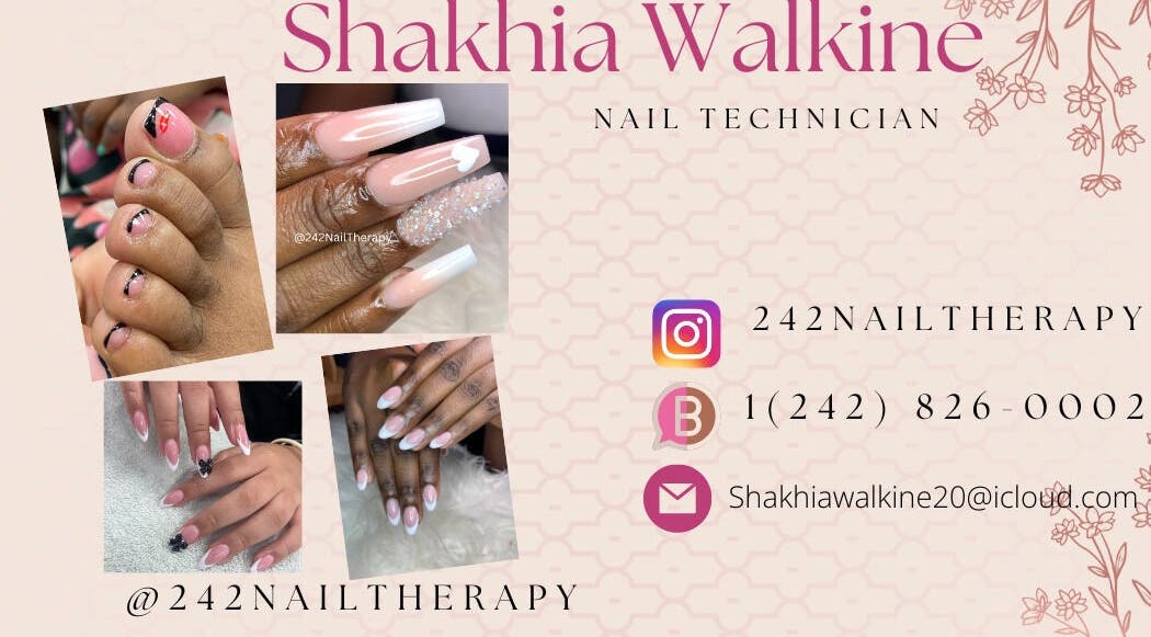 Elegant nail designs at 242NailTherapy in Nassau, New Providence, BS. Contact details and styles displayed.