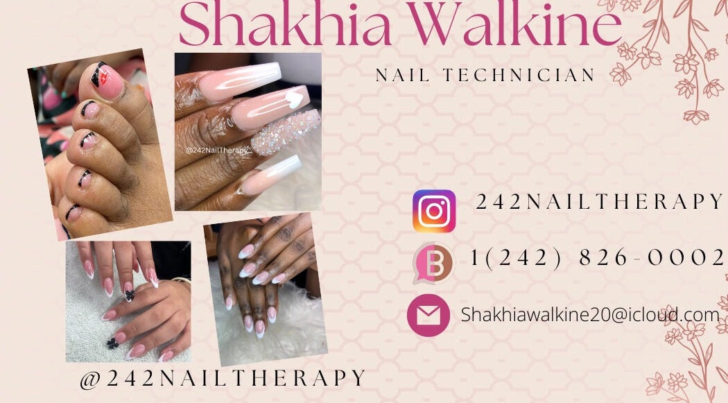Elegant nail designs at 242NailTherapy in Nassau, New Providence, BS. Contact details and styles displayed.