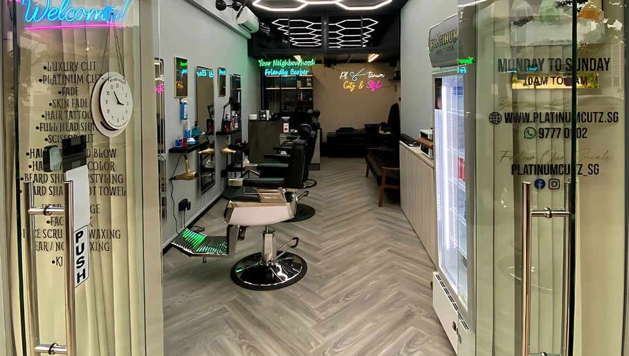 Inside view of Platinum Cutz & Style - EAST, luxurious salon with sleek chairs at Marine Parade, Singapore, SG.