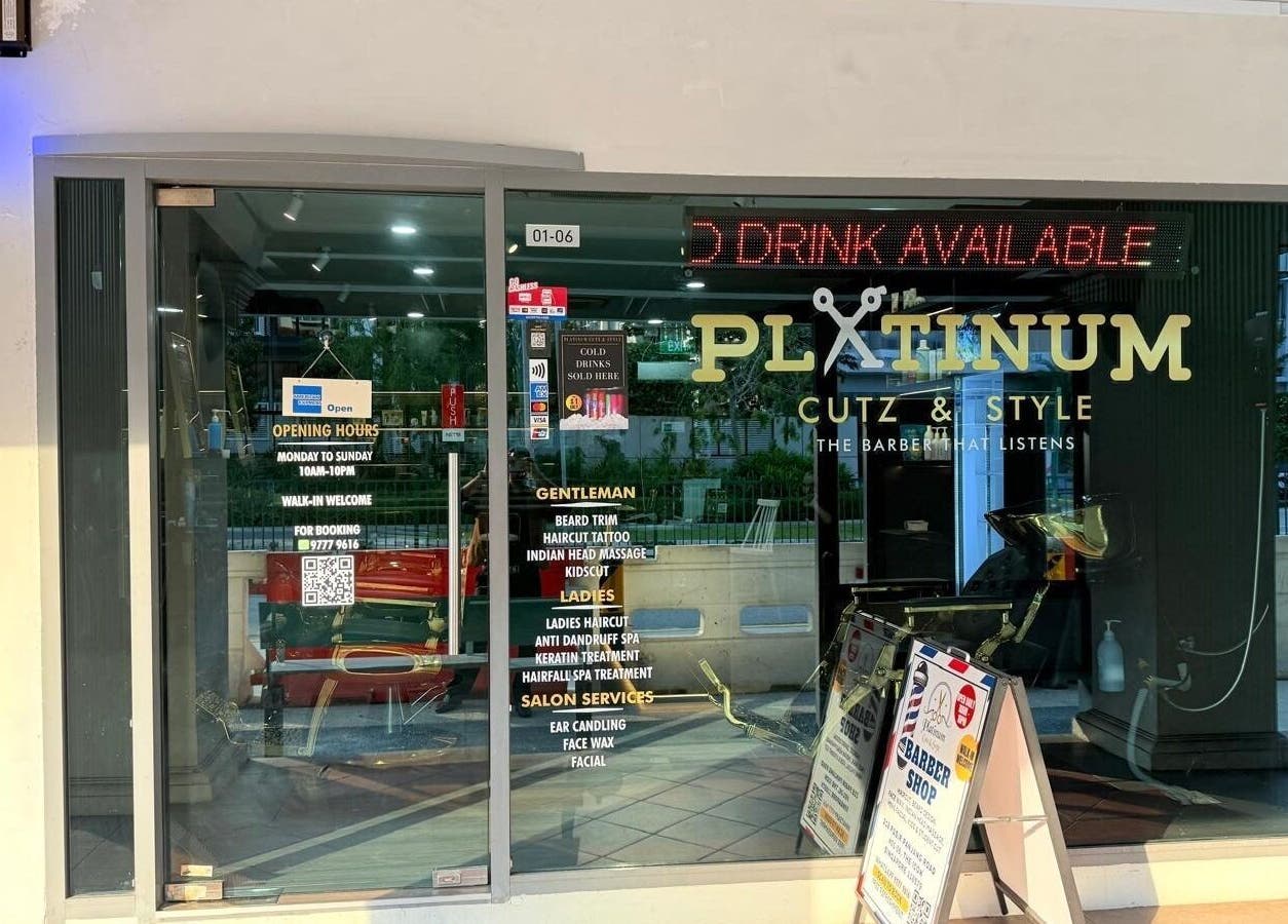 Platinum Cutz & Style - WEST storefront in Clementi, Singapore, SG showcasing services and inviting atmosphere.