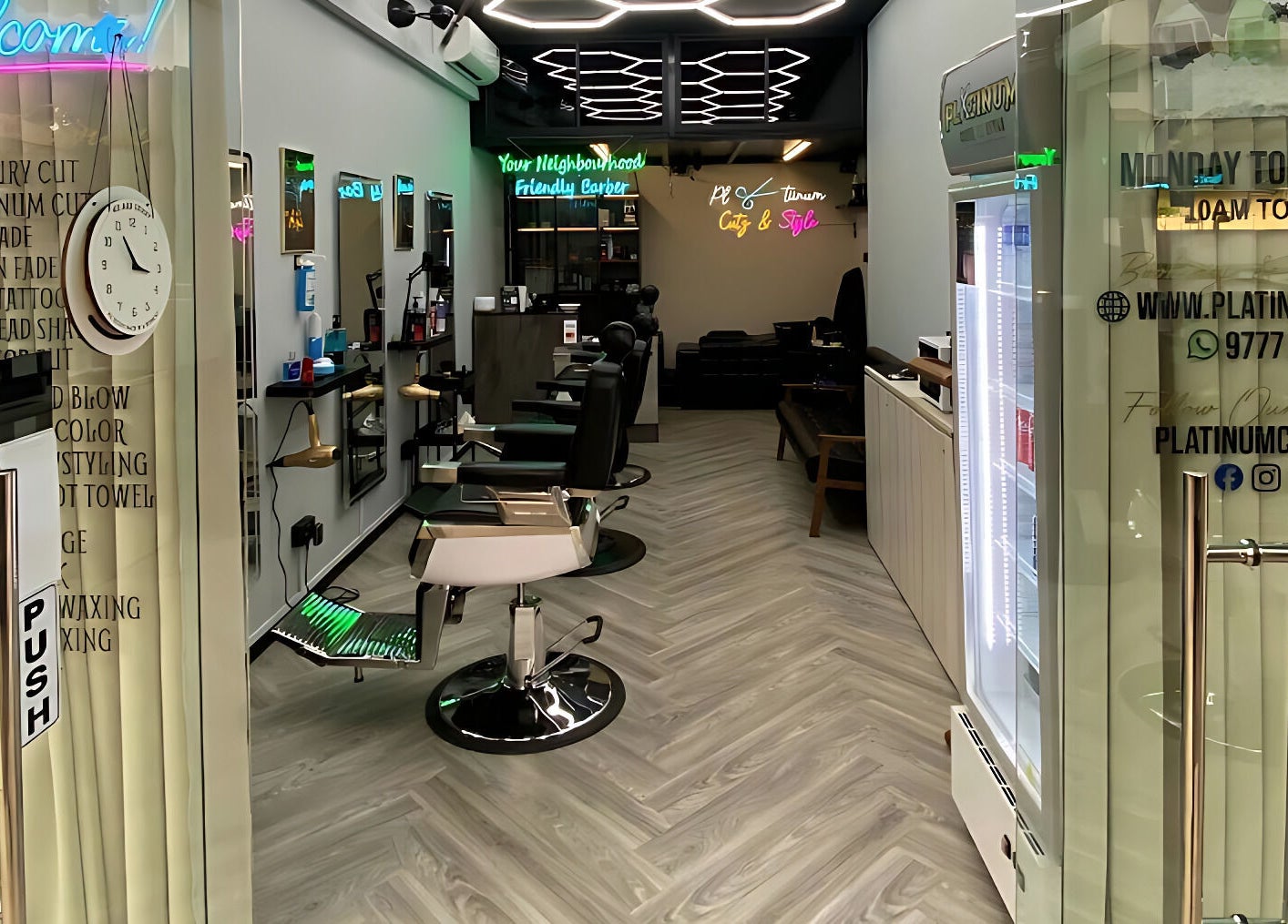 Interior of Platinum Cutz & Style - EAST at Marine Parade, Singapore, showcasing modern salon design and seating.