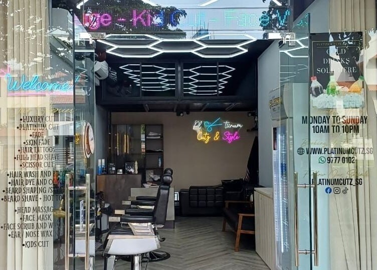 Front view of Platinum Cutz & Style - EAST at Marine Parade, Singapore, showcasing a stylish salon interior.