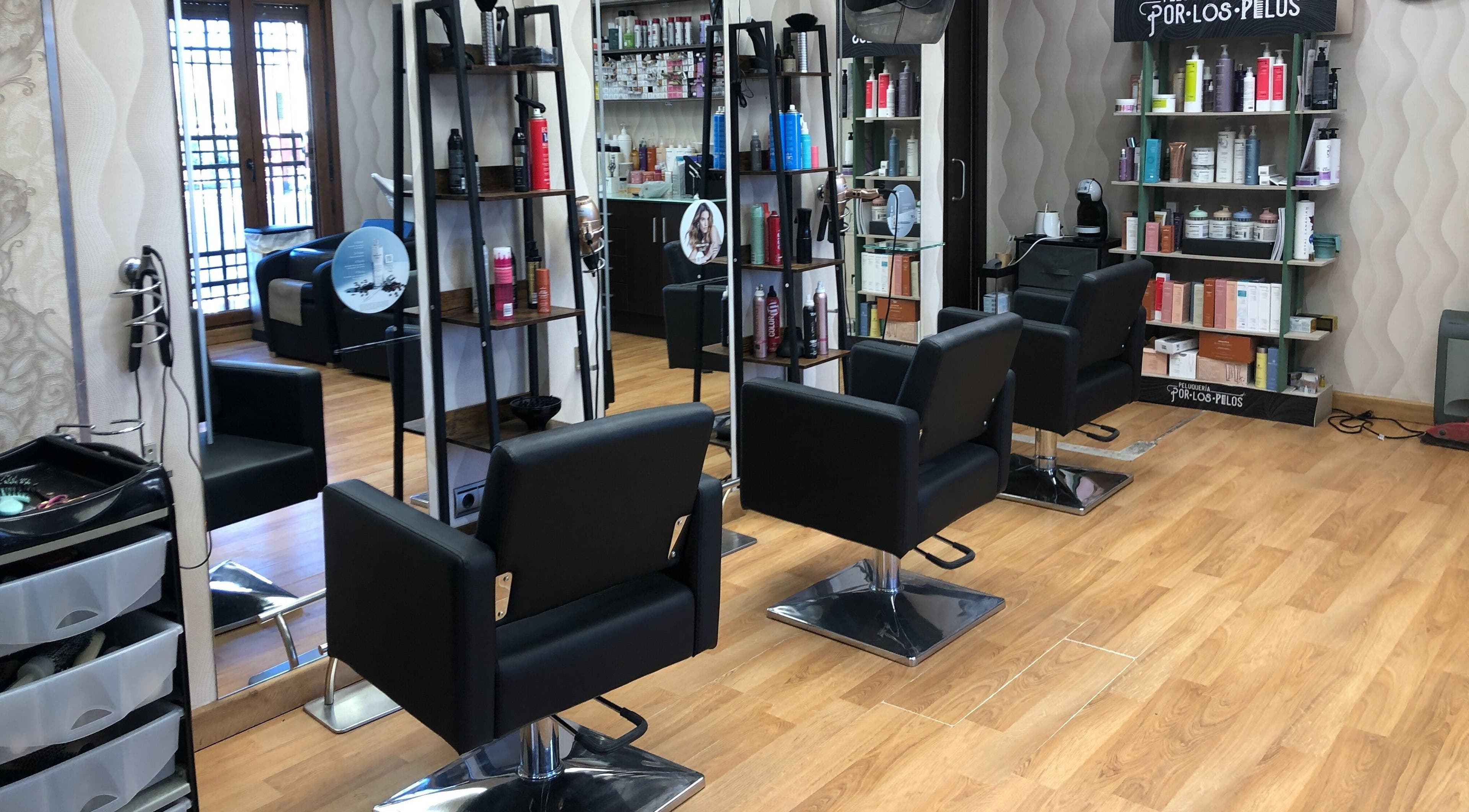 Interior elegante de Peluquería por los Pelos en Viana, Navarra, ES, con sillas modernas y productos de belleza.