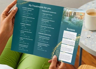 Brochure of Wellbeing Massage & Pain Relief in Covent Garden, London, England, GB showing treatment options.