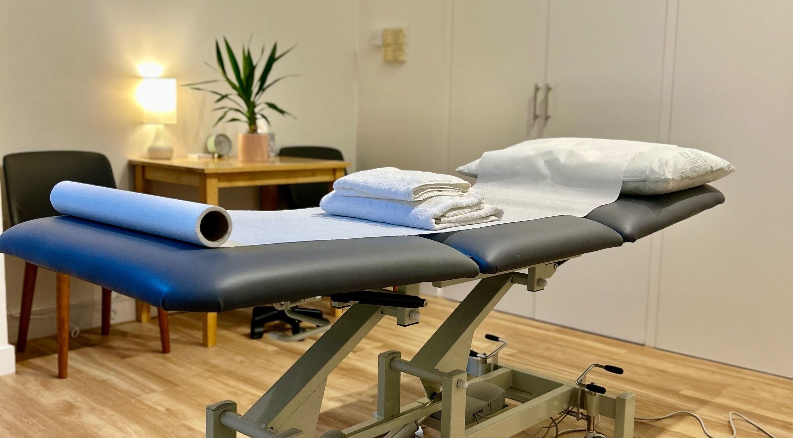 Massage table setup at Wellbeing Massage & Pain Relief in Belgravia, London, England, GB.