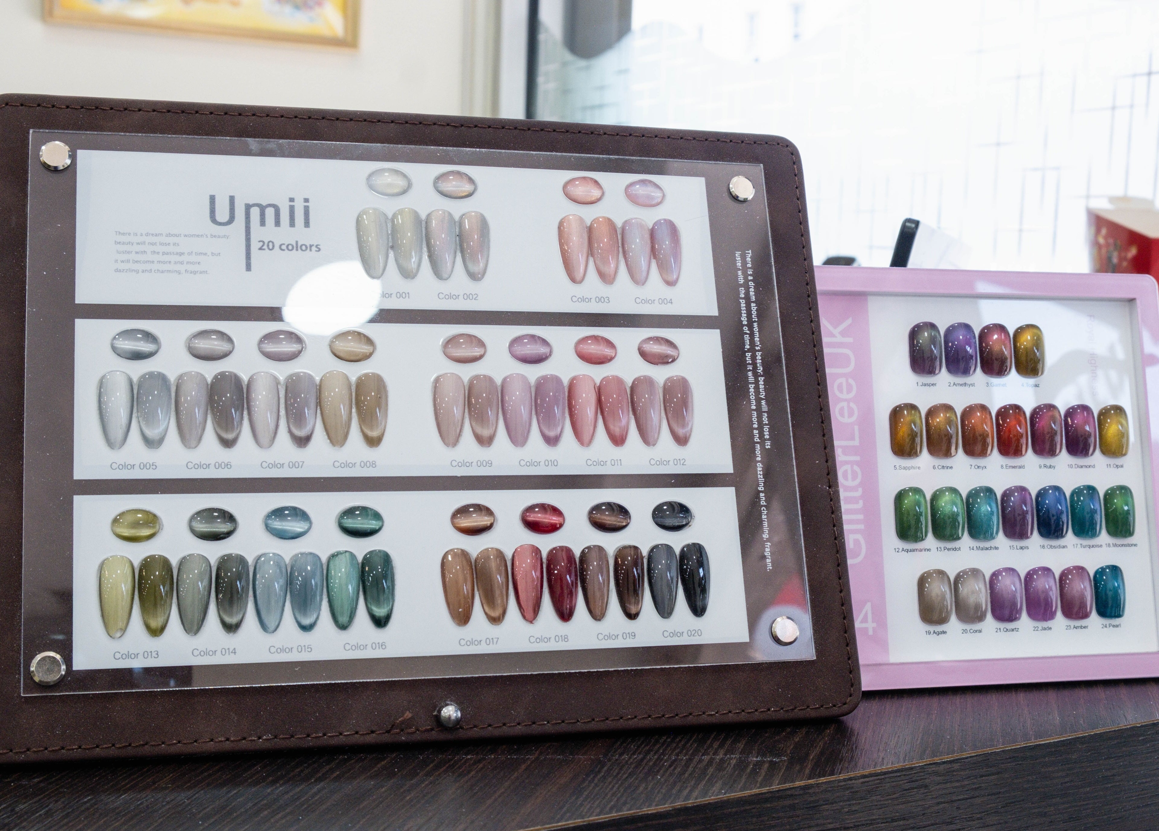 Nail color palette at Planet Nails, London, England, GB showcasing diverse manicure options.