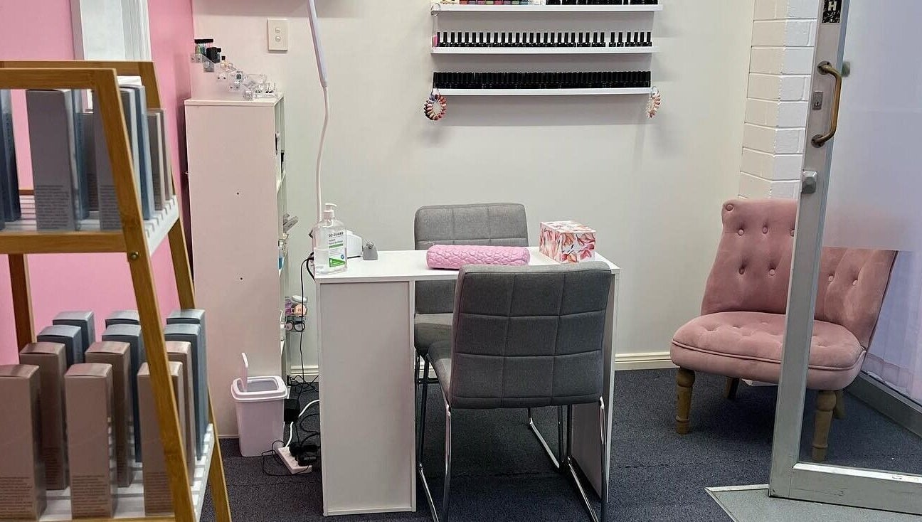 Chic nail station at Amabilia Beauty, Charmhaven, New South Wales, AU with plush seating and product display.