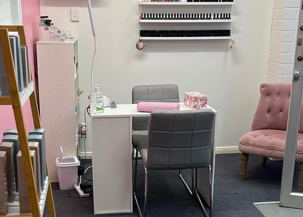 Chic nail station at Amabilia Beauty, Charmhaven, New South Wales, AU with plush seating and product display.