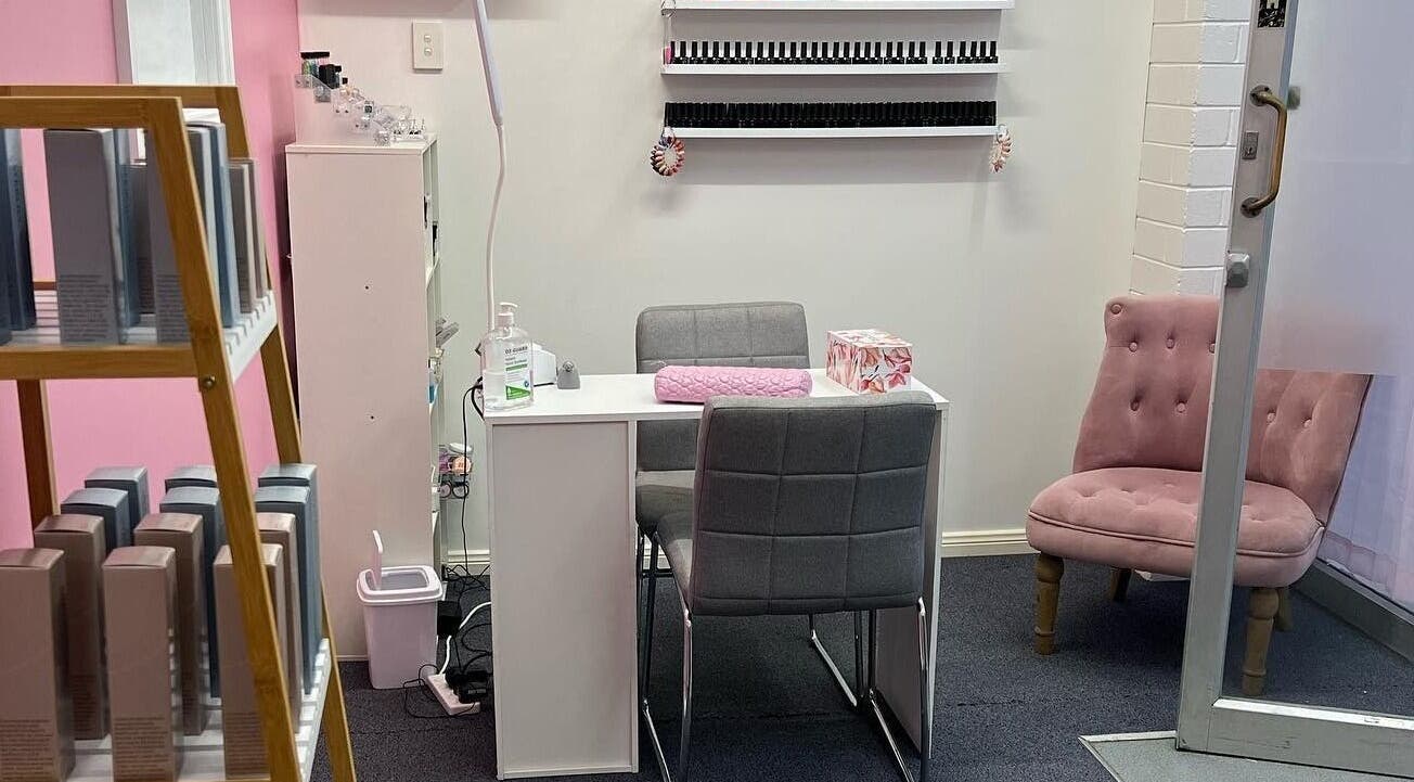 Chic nail station at Amabilia Beauty, Charmhaven, New South Wales, AU with plush seating and product display.
