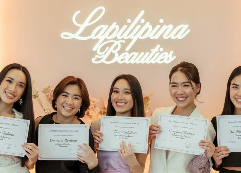 Happy graduates at Lapilipina Beauties holding certificates in Christchurch, Canterbury, NZ.
