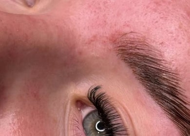Close-up of expertly groomed eyebrow and lashes at Skin By Sar, Seymour, Victoria, AU.