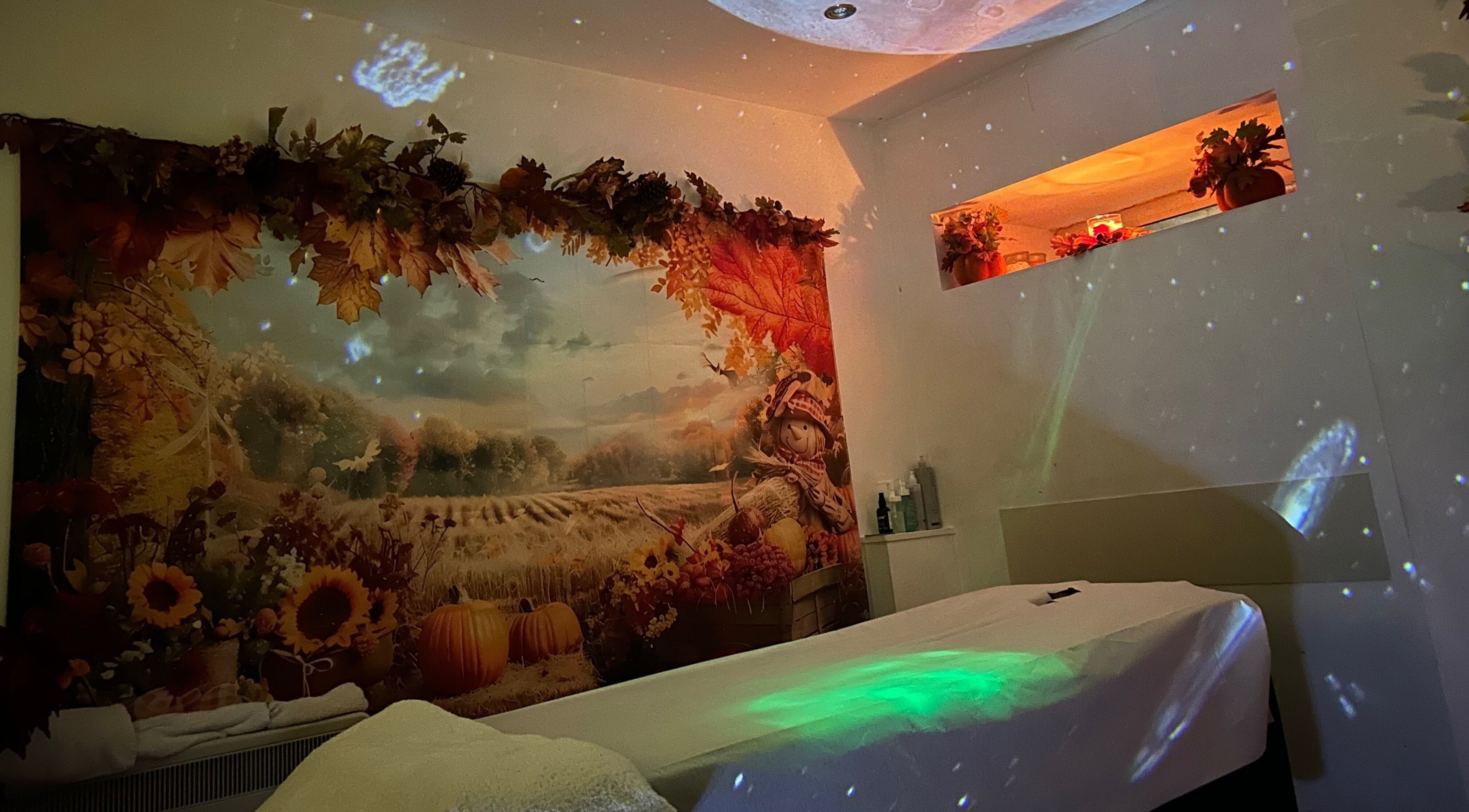 Relaxing massage room at K .Thai Massage Holistic in Cleckheaton, England, GB with autumn-themed decor.