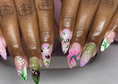 Intricate floral nail art at Pretty Nuisance Artistry in Baldivis, Western Australia, AU.