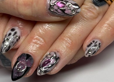 Artistic nail design with gemstones at Pretty Nuisance Artistry, Baldivis, Western Australia, AU.