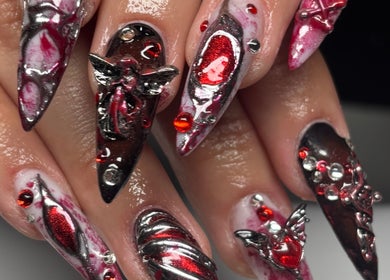 Intricate 3D nail art in red and silver at Pretty Nuisance Artistry, Baldivis, Western Australia, AU.