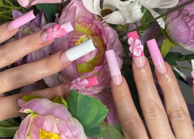 Beautiful floral pink and white nail art at Pretty Nuisance Artistry, Baldivis, Western Australia, AU.