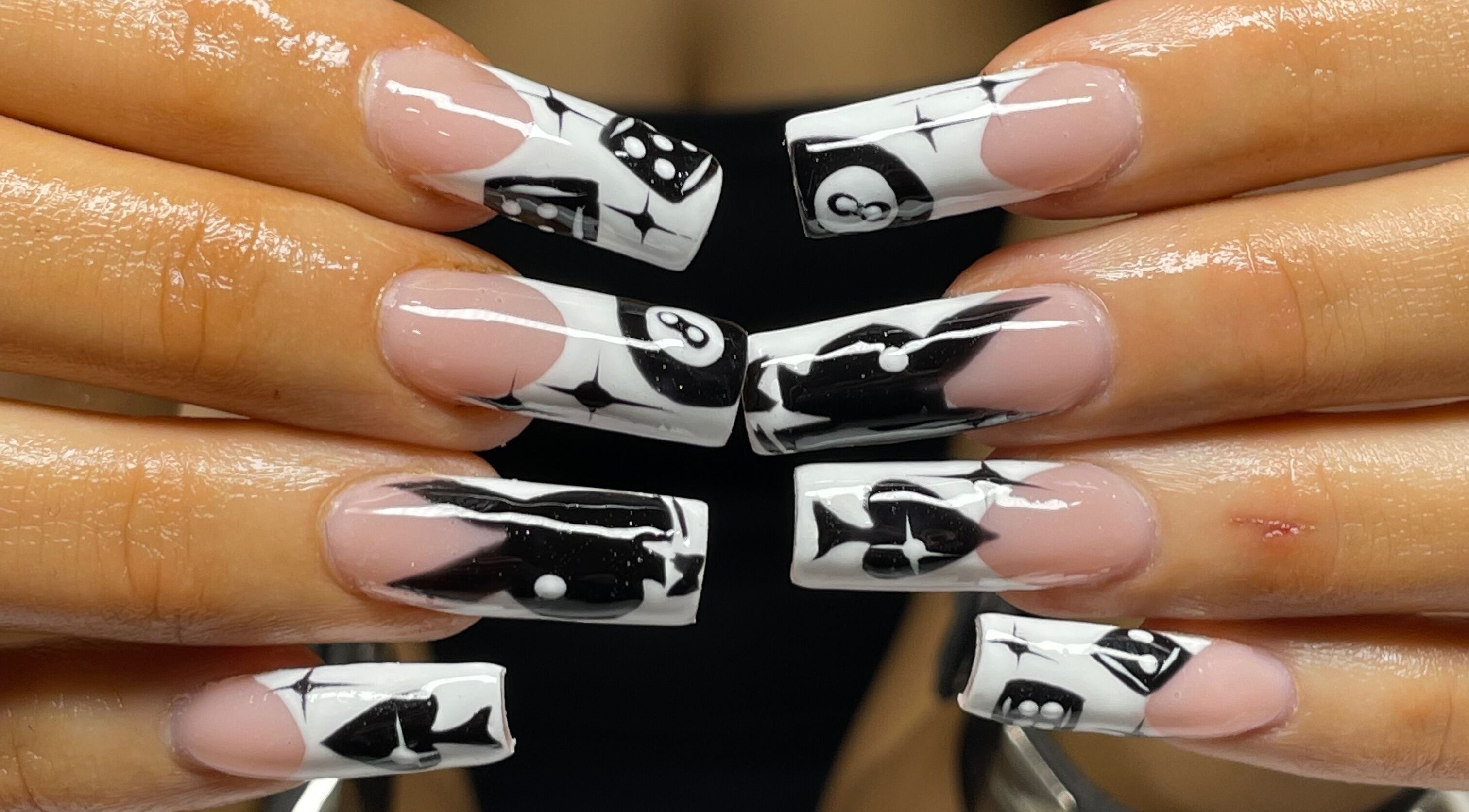 Artistic black and white nail design at Pretty Nuisance Artistry, Baldivis, Western Australia, AU.