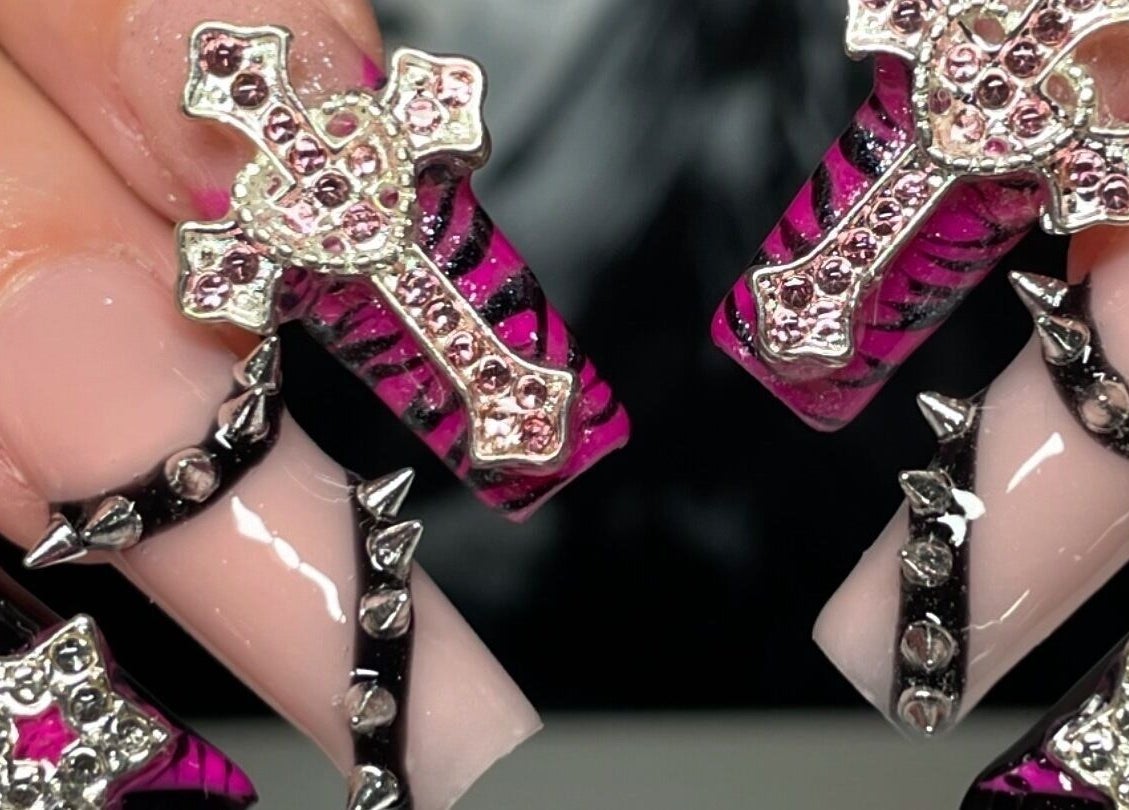 Intricate gothic nail art with jewels at Pretty Nuisance Artistry, Baldivis, Western Australia, AU.