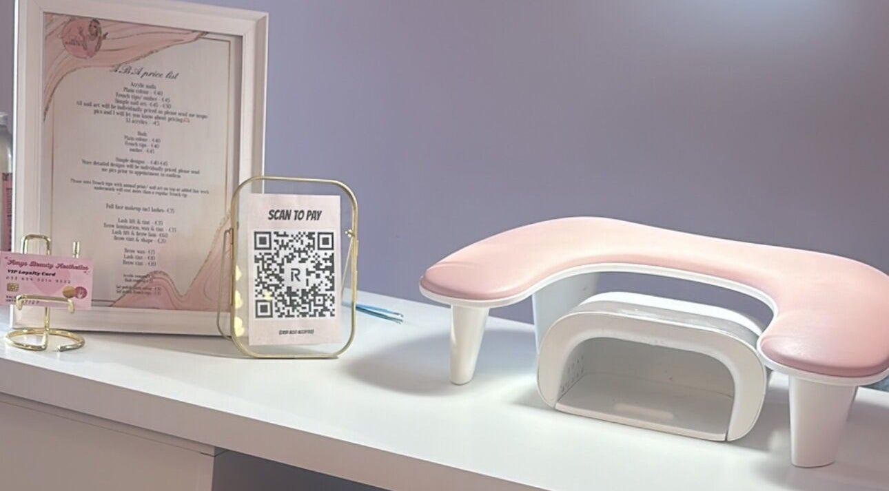 Elegant beauty counter at Amy’s Beauty Aesthetics in County Meath/ Kildare, IE, showcasing services and payment options.