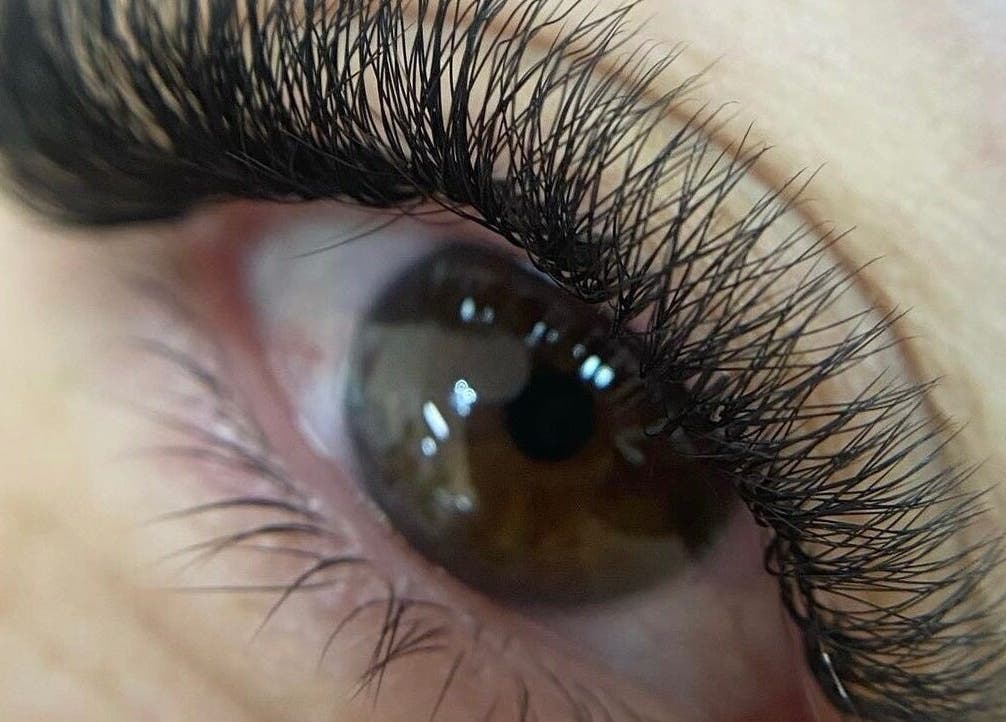 Close-up of detailed eyelash extensions by Only Lashes in Bracknell, England, GB.
