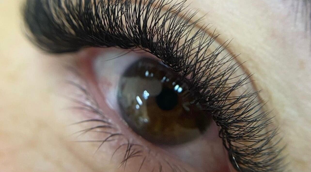 Close-up of detailed eyelash extensions by Only Lashes in Bracknell, England, GB.