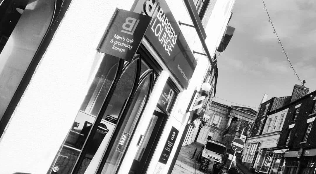 Exterior of BL / Barbers Lounge in Macclesfield, England, GB with iconic signage.
