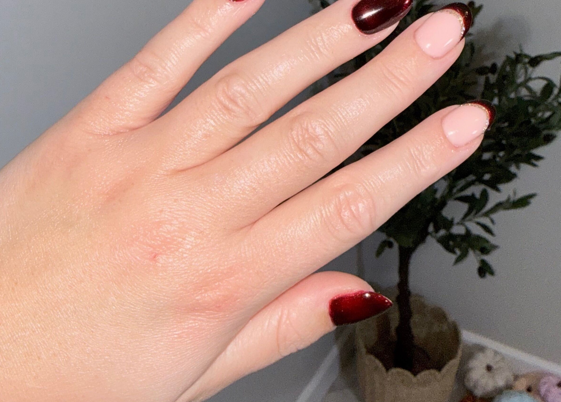 Elegant red and nude manicure at The Nail Vault, Plymouth, England, GB adorned with plants.