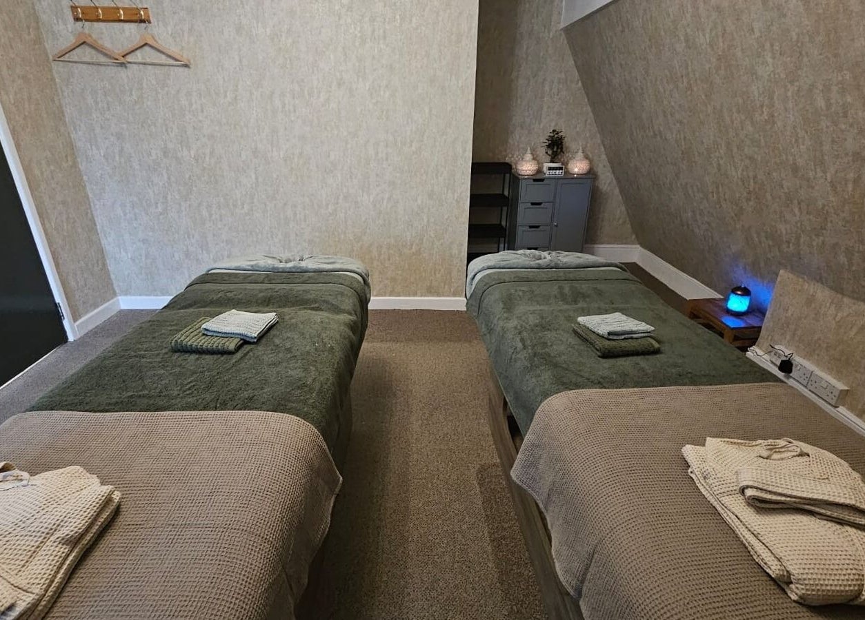 Relaxation room with twin massage beds at Chatchaya Spa, Penarth, Wales, GB.