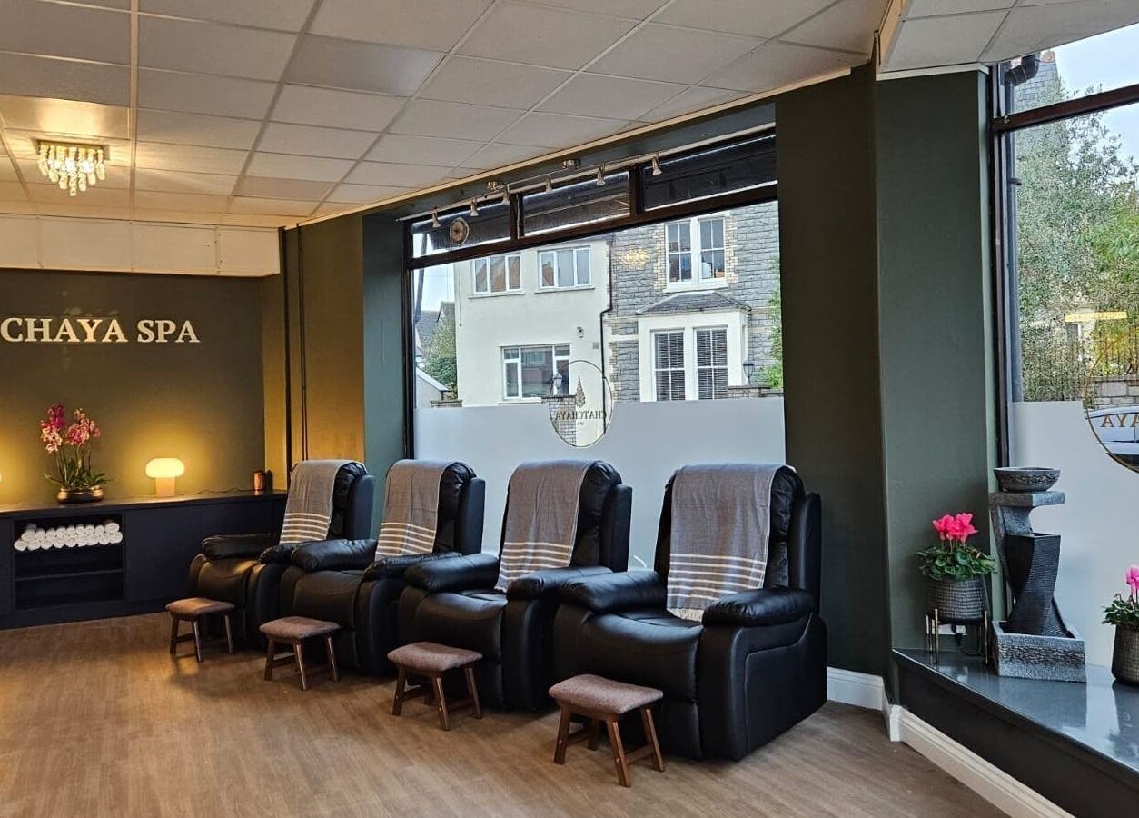 Luxurious seating area at Chatchaya Spa in Penarth, Wales, GB, offering a serene ambiance.