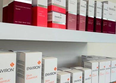 Environ skincare products displayed at Kristys Beauty Whitby, Whitby, England, GB, offering premium beauty care.