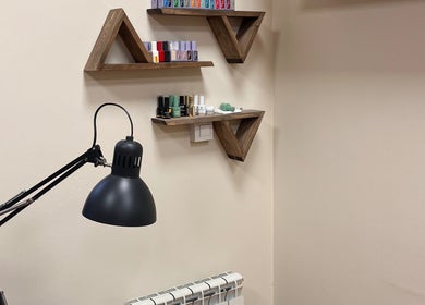 Stylish wooden shelves and lamp at Kriska nails, София, Област София, BG.