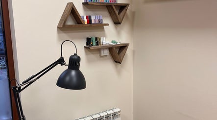 Stylish wooden shelves and lamp at Kriska nails, София, Област София, BG.