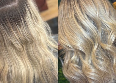Before and after of blonde waves at Lorna’s Luxe Hair, Great Dunmow, England, GB, showcasing hair transformation.